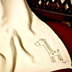 New BONBINI NEW YORK Baby Blanket Ivory Knit Tan Embroidered Giraffe 0-6M